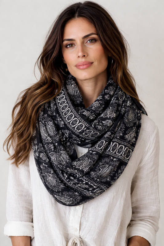 Black Kantha Infinity Scarf